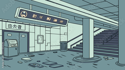Empty Subway Station Platform Illustration. Urban underground scene with ticket machine, stairs, and Chinese sign.