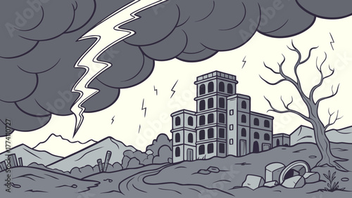 Abandoned building in a desolate landscape with dark stormy clouds.