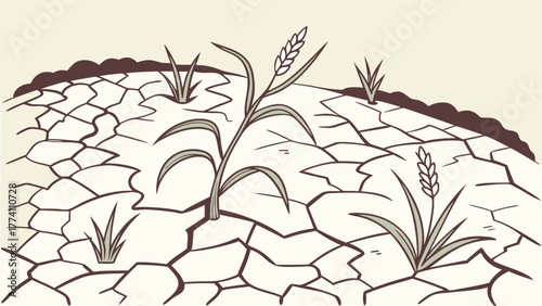 Dry cracked earth with struggling wheat plants.
