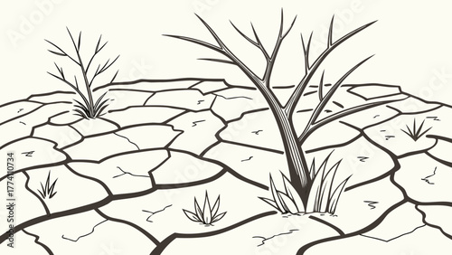 Dry cracked earth with barren tree and sparse vegetation.