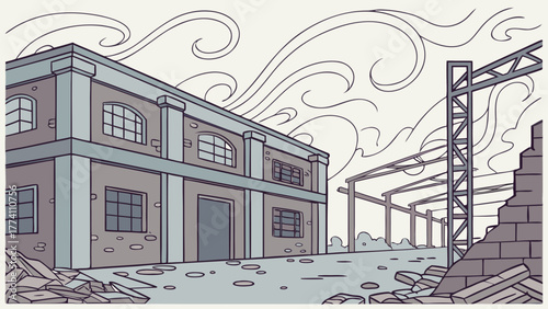 Industrial landscape with old factory building, demolished structure, and scattered rubble under a smoky sky, illustrating urban decay.
