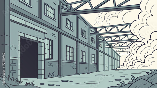 Industrial Factory Building Exterior with Smoke Plumes. Old Warehouse Structure and Exposed Roof Beams. Vector Illustration.