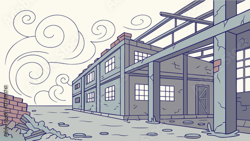 Abandoned Factory Ruins Illustration, Industrial Decay Landscape