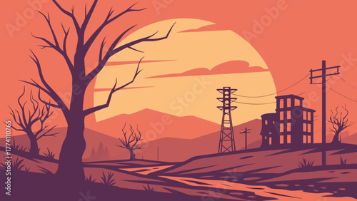 Deserted Sunset Landscape with Bare Trees, Power Lines, and Dilapidated Building Illustration