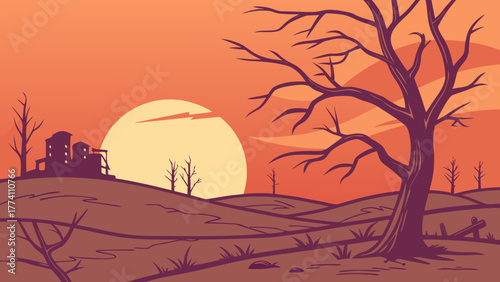 Environmental crisis: Barren landscape with dead trees and ruins at sunset, depicting drought and decay