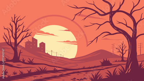 Warm Sunset over Arid Hills with Barren Trees and Distant City Silhouette Illustration