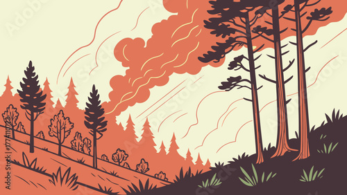 Wildfire in forest with rising smoke. Environmental disaster and climate change concept illustration.
