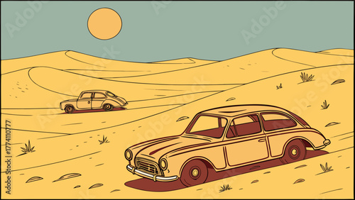 Retro Car Illustration in Arid Desert Landscape with Sand Dunes and Sun