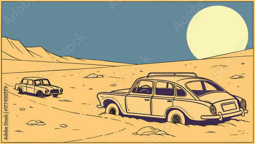 Retro desert adventure with vintage cars, one stranded in sand under a large sun
