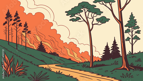 Stylized illustration of a devastating forest fire on a hillside with smoke plumes and burning trees, environmental crisis