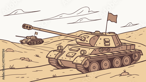 Illustrated Military Tanks Advancing in Desert Landscape