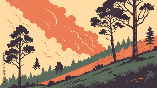 Stylized Wildfire: Orange Smoke Rises Over Forested Hillside, Nature Disaster Illustration