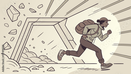 Person with backpack running from collapsing tunnel entrance, escaping falling rocks in an urgent cave-in.