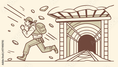 Person running from collapsing tunnel entrance, debris falling. Danger, emergency, adventure, escape, disaster illustration.