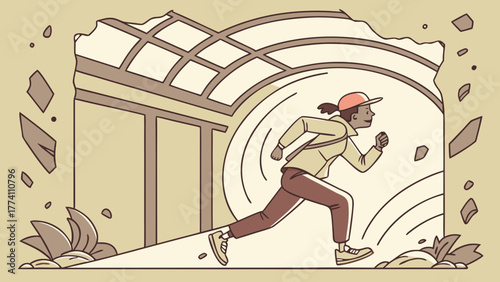 Determined person running through crumbling tunnel, breaking free from chaos. Dynamic movement, escape, and progress illustration.
