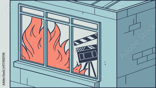Intense Filmmaking Concept: Film Camera, Clapperboard, and Stylized Flames in a Window Illustration
