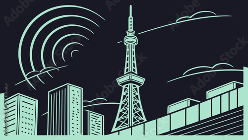 Urban communication tower transmitting radio waves over a modern city skyline. Digital broadcasting and global connectivity concept.