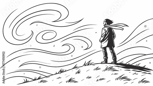 Figure facing strong wind on a snowy hill, scarf blowing. Black and white illustration of resilience and determination.