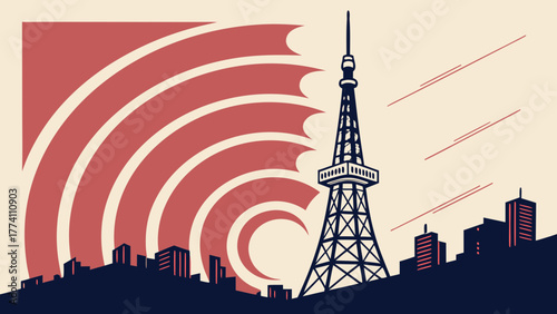 Cityscape with Broadcast Tower and Radio Waves in Retro Graphic Style