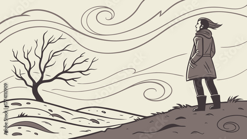 Solitary woman on windy hill, looking out at a barren landscape illustration