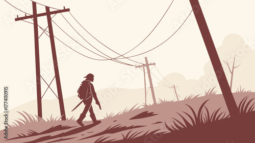 Lone wanderer with a sword walks uphill past leaning power lines in a desolate, post-apocalyptic landscape illustration.