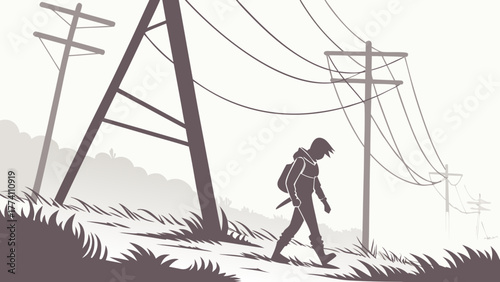 Solitary figure with backpack walking on a path under power lines in a desolate landscape, journey and challenge concept