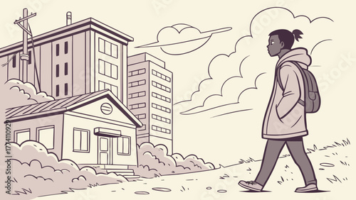 Young person with backpack walking through a city neighborhood, graphic novel style illustration
