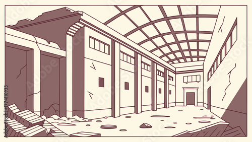 Abandoned Large Hall Interior Illustration with Debris, Cracked Walls, and Skylight Roof