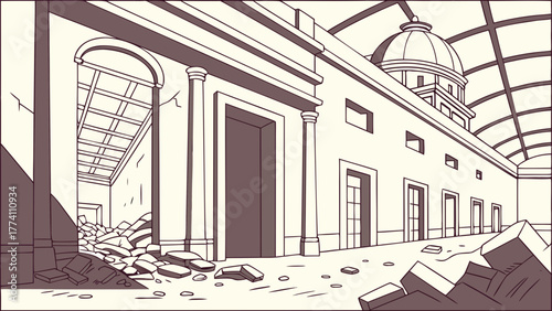 Sepia Line Art Illustration of Ruined Classical Building with Dome and Debris, Architectural Decay