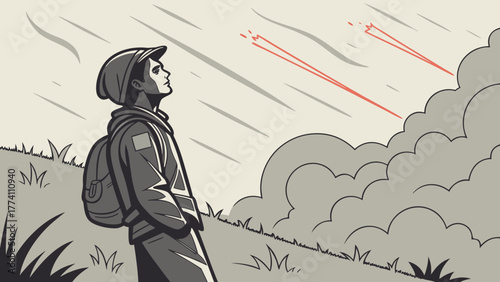 Youthful figure in cap and backpack observing stormy sky with stylized red rain on a hill. Weather illustration.