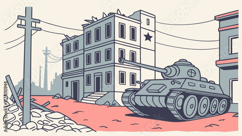 Military tank on a war-torn street with destroyed buildings and rubble. Urban conflict scene illustration.