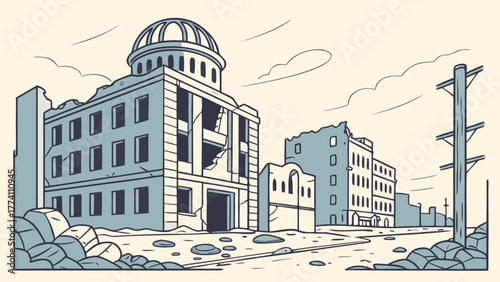 Ruined city street with destroyed buildings, a damaged dome, and scattered debris. War-torn urban landscape illustration.