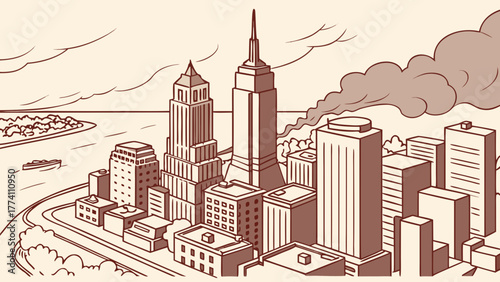 Hand-Drawn Sepia Cityscape with Skyscrapers, River, Road, and Industrial Smoke