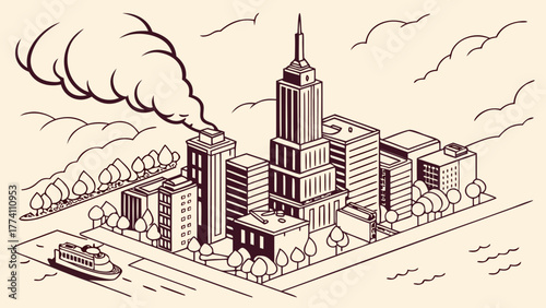 Isometric Cityscape with Smoke Plume. Urban Pollution and Environmental Issue Line Art Illustration.