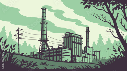 Industrial Factory in Green Landscape with Smoking Chimneys, Stylized Environmental Illustration