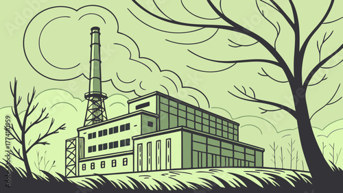 Industrial factory with smokestack emitting smoke, surrounded by bare trees. Environmental impact vector illustration.