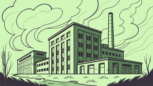 Industrial factory with smokestack polluting green sky. Environmental issue illustration.