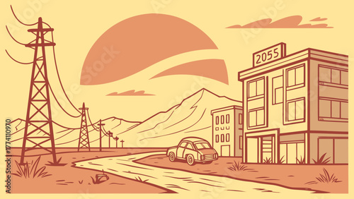 Retro-futuristic desert landscape with power lines, buildings, and classic car illustration