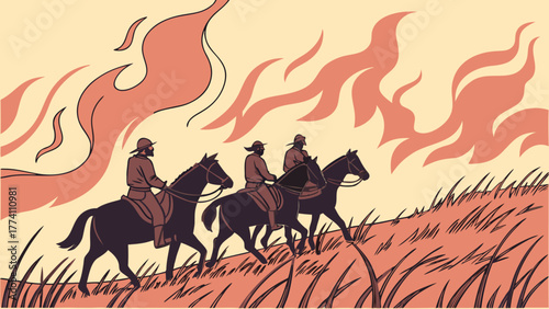 Three horsemen riding through a field of tall grass with flames in the background.