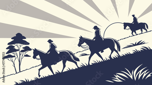 Horseback Riders Ascending Hill Silhouette with Sun Rays. Graphic Illustration of Outdoor Journey and Adventure.