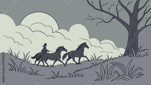 Rider and two horses galloping across a tranquil landscape with a large sun and bare tree, illustration.