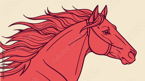 Stylized Red Horse Head Profile Illustration with Flowing Mane