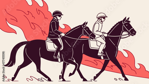 Equestrian challenge: two riders on horses with fiery abstract background
