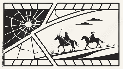 Graphic silhouette of two riders on horseback journeying through a stylized landscape, framed by abstract shattered glass