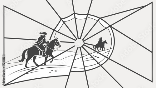 Historical Horsemen Journey in Stylized Radial Landscape Illustration