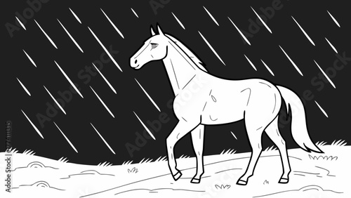 White horse walking in rain. Simple black and white line art illustration of an elegant equine against a dark, stormy sky.