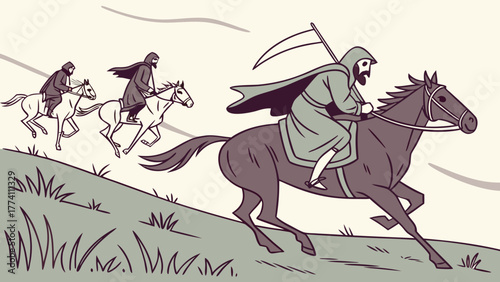 Mysterious Hooded Figure with Scythe Leading Horsemen Uphill Illustration