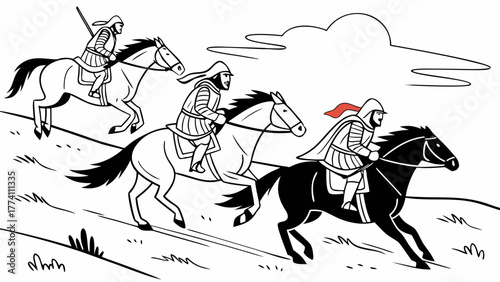 Three ancient warriors on horseback illustration. Historical cavalry galloping uphill, black and white line art with red detail.