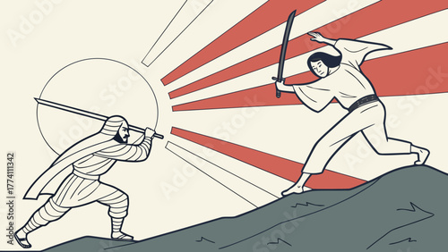 Samurai and Middle Eastern Warrior Sword Fight with Sun Rays