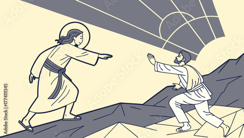 Divine intervention: Spiritual figure reaching out to a man on a mountain, symbolizing faith, hope, and salvation.